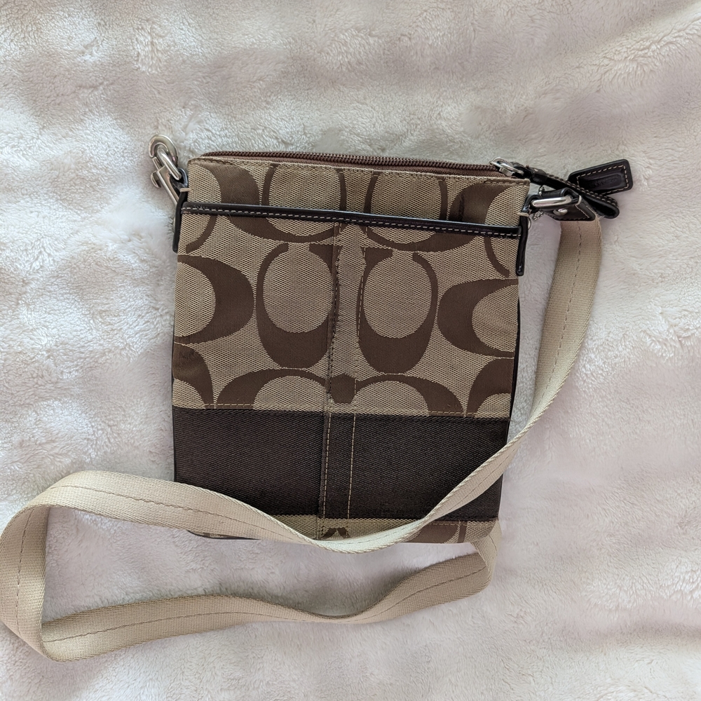 Y2K Coach Signature C Canvas Small Crossbody Bag Brown Tan Leather Trim